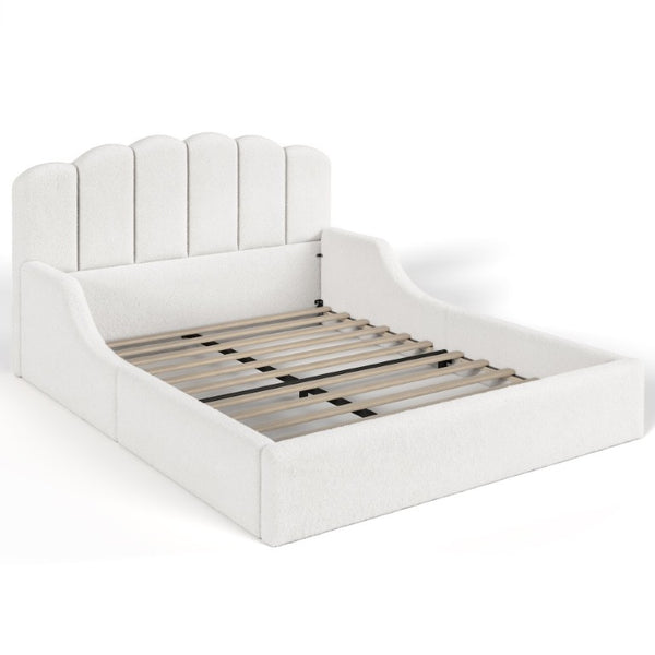 English Elm Full Plush Teddy Upholstered Floor Bed Scalloped Headboard Low Profile Kids Frame Queen Antique White W5305S00195