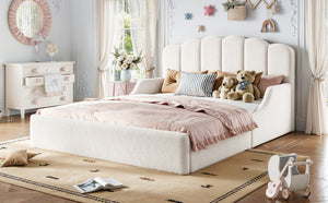 English Elm Full Plush Teddy Upholstered Floor Bed Scalloped Headboard Low Profile Kids Frame Queen Antique White W5305S00195