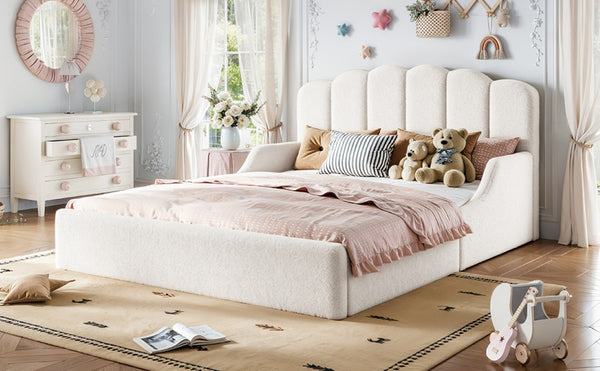 English Elm Full Plush Teddy Upholstered Floor Bed Scalloped Headboard Low Profile Kids Frame Queen Antique White W5305S00195