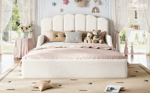 English Elm Full Plush Teddy Upholstered Floor Bed Scalloped Headboard Low Profile Kids Frame Queen Antique White W5305S00195