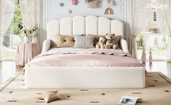 English Elm Full Plush Teddy Upholstered Floor Bed Scalloped Headboard Low Profile Kids Frame Queen Antique White W5305S00195