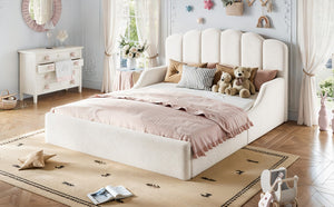 English Elm Full Plush Teddy Upholstered Floor Bed Scalloped Headboard Low Profile Kids Frame Queen Antique White W5305S00195