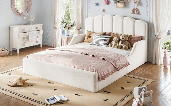 English Elm Full Plush Teddy Upholstered Floor Bed Scalloped Headboard Low Profile Kids Frame Queen Antique White W5305S00195