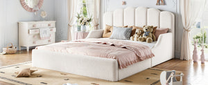 English Elm Full Plush Teddy Upholstered Floor Bed Scalloped Headboard Low Profile Kids Frame Queen Antique White W5305S00195