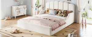 English Elm Full Plush Teddy Upholstered Floor Bed Scalloped Headboard Low Profile Kids Frame Queen Antique White W5305S00195