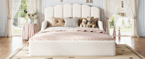 English Elm Full Plush Teddy Upholstered Floor Bed Scalloped Headboard Low Profile Kids Frame Queen Antique White W5305S00195
