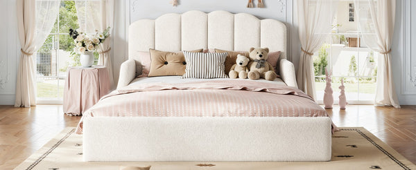English Elm Full Plush Teddy Upholstered Floor Bed Scalloped Headboard Low Profile Kids Frame Queen Antique White W5305S00195