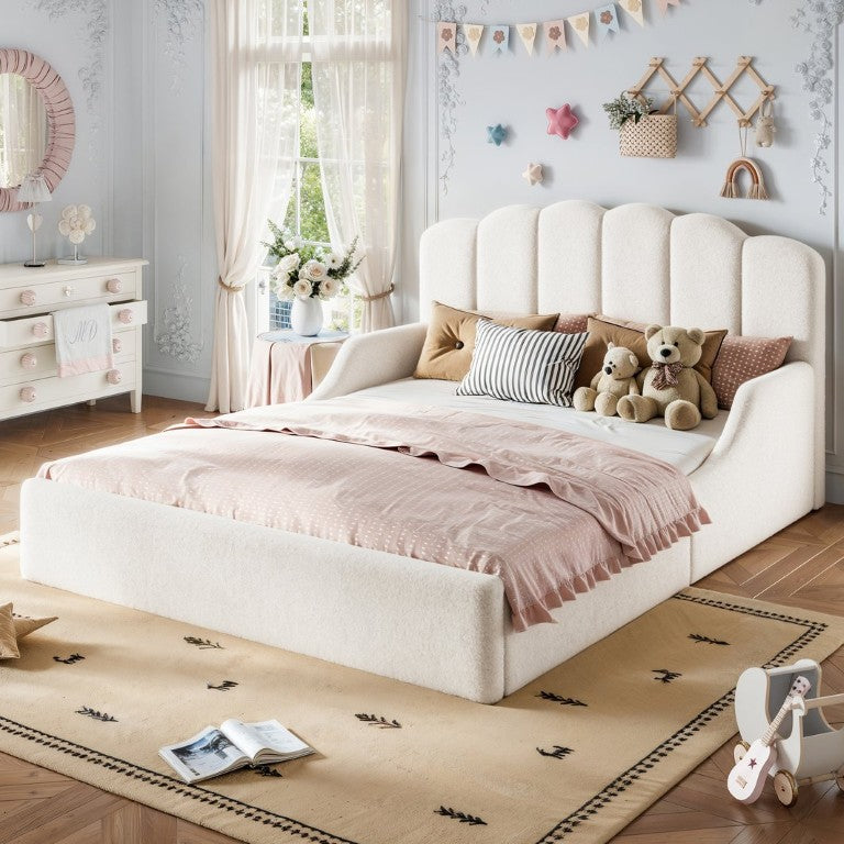 English Elm Full Plush Teddy Upholstered Floor Bed Scalloped Headboard Low Profile Kids Frame Queen Antique White W5305S00195