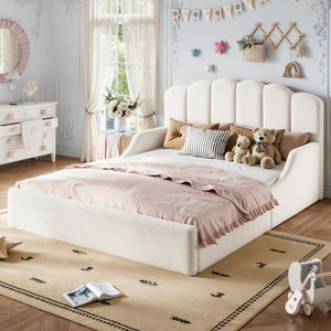 English Elm Full Plush Teddy Upholstered Floor Bed Scalloped Headboard Low Profile Kids Frame Queen Antique White W5305S00195