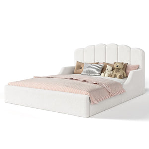 English Elm Full Plush Teddy Upholstered Floor Bed Scalloped Headboard Low Profile Kids Frame Queen Antique White W5305S00195