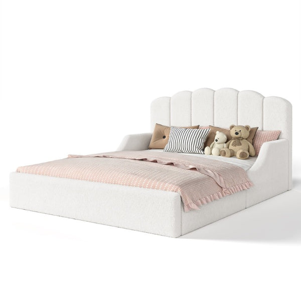 English Elm Full Plush Teddy Upholstered Floor Bed Scalloped Headboard Low Profile Kids Frame Queen Antique White W5305S00195