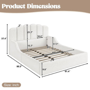 English Elm Full Plush Teddy Upholstered Floor Bed Scalloped Headboard Low Profile Kids Frame Queen Antique White W5305S00195