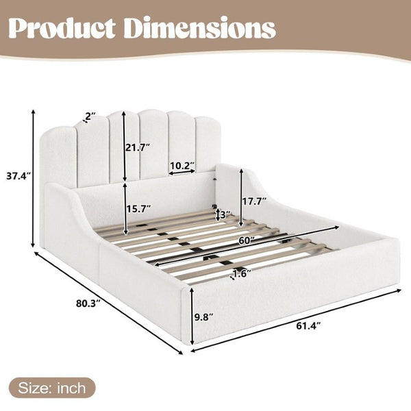English Elm Full Plush Teddy Upholstered Floor Bed Scalloped Headboard Low Profile Kids Frame Queen Antique White W5305S00195