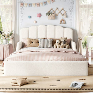 English Elm Full Plush Teddy Upholstered Floor Bed Scalloped Headboard Low Profile Kids Frame Queen Antique White W5305S00195