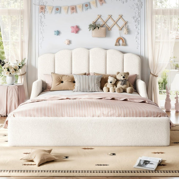 English Elm Full Plush Teddy Upholstered Floor Bed Scalloped Headboard Low Profile Kids Frame Queen Antique White W5305S00195