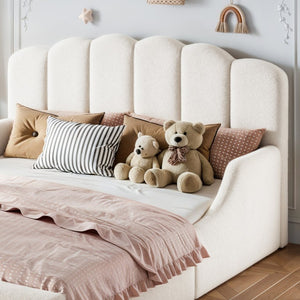 English Elm Full Plush Teddy Upholstered Floor Bed Scalloped Headboard Low Profile Kids Frame Queen Antique White W5305S00195