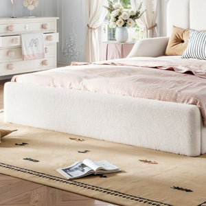English Elm Full Plush Teddy Upholstered Floor Bed Scalloped Headboard Low Profile Kids Frame Queen Antique White W5305S00195