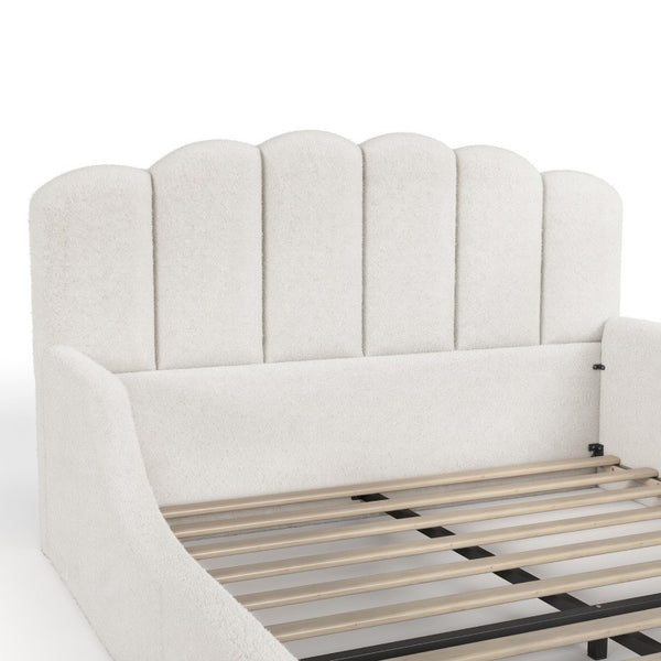 English Elm Full Plush Teddy Upholstered Floor Bed Scalloped Headboard Low Profile Kids Frame Queen Antique White W5305S00195