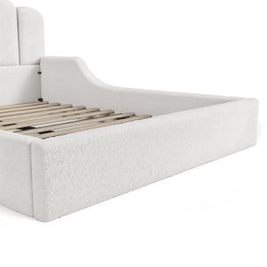 English Elm Full Plush Teddy Upholstered Floor Bed Scalloped Headboard Low Profile Kids Frame Queen Antique White W5305S00195