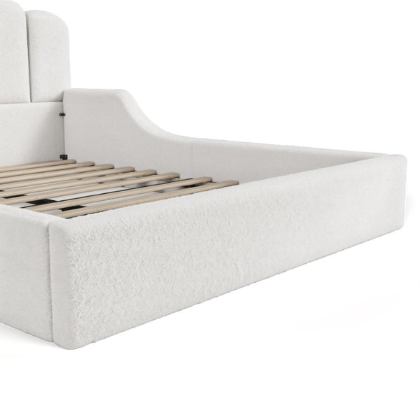 English Elm Full Plush Teddy Upholstered Floor Bed Scalloped Headboard Low Profile Kids Frame Queen Antique White W5305S00195