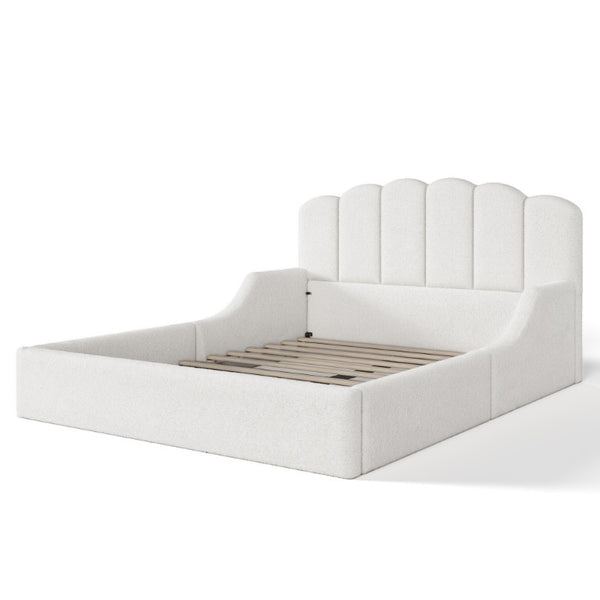 English Elm Full Plush Teddy Upholstered Floor Bed Scalloped Headboard Low Profile Kids Frame Queen Antique White W5305S00195