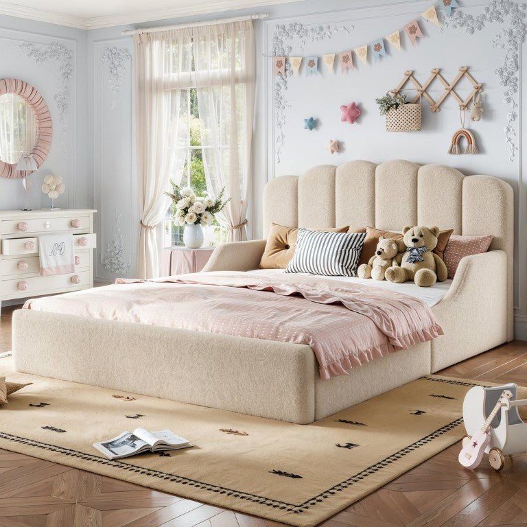 English Elm Queen Scalloped Headboard Plush Upholstered Floor Bed Soft Frame for Kids Teens Beige Teddy W5305S00196