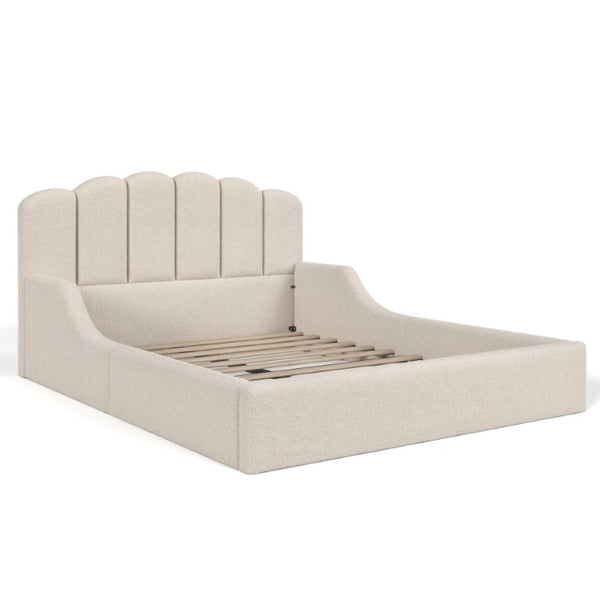 English Elm Queen Scalloped Headboard Plush Upholstered Floor Bed Soft Frame for Kids Teens Beige Teddy W5305S00196