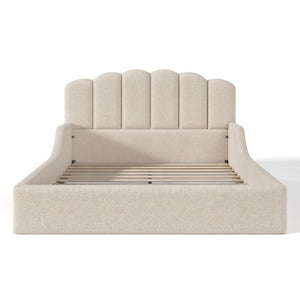 English Elm Queen Scalloped Headboard Plush Upholstered Floor Bed Soft Frame for Kids Teens Beige Teddy W5305S00196