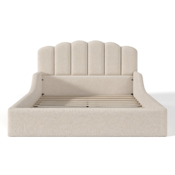 English Elm Queen Scalloped Headboard Plush Upholstered Floor Bed Soft Frame for Kids Teens Beige Teddy W5305S00196