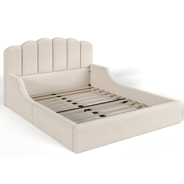English Elm Queen Scalloped Headboard Plush Upholstered Floor Bed Soft Frame for Kids Teens Beige Teddy W5305S00196