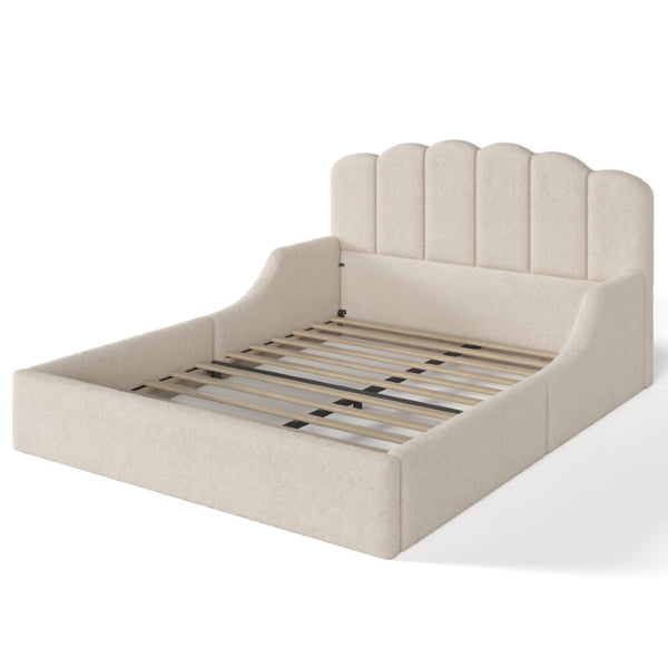 English Elm Queen Scalloped Headboard Plush Upholstered Floor Bed Soft Frame for Kids Teens Beige Teddy W5305S00196
