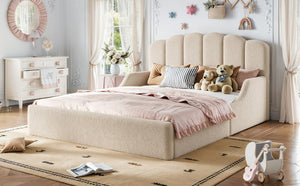 English Elm Queen Scalloped Headboard Plush Upholstered Floor Bed Soft Frame for Kids Teens Beige Teddy W5305S00196