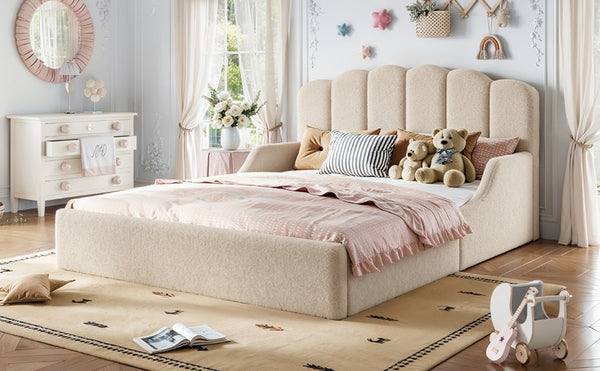 English Elm Queen Scalloped Headboard Plush Upholstered Floor Bed Soft Frame for Kids Teens Beige Teddy W5305S00196
