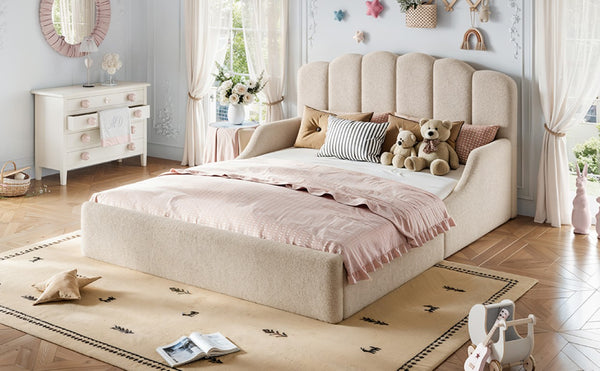 English Elm Queen Scalloped Headboard Plush Upholstered Floor Bed Soft Frame for Kids Teens Beige Teddy W5305S00196