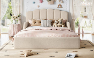 English Elm Queen Scalloped Headboard Plush Upholstered Floor Bed Soft Frame for Kids Teens Beige Teddy W5305S00196