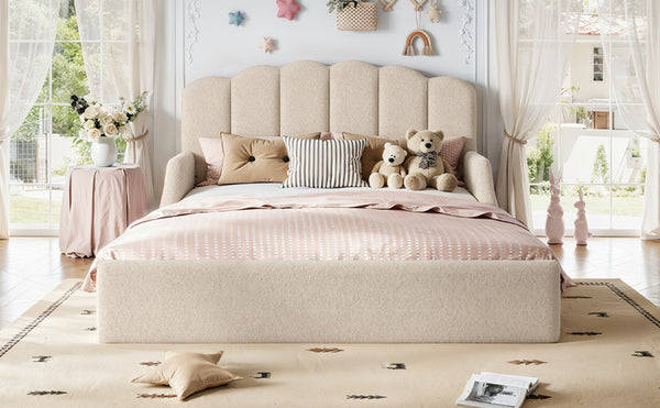 English Elm Queen Scalloped Headboard Plush Upholstered Floor Bed Soft Frame for Kids Teens Beige Teddy W5305S00196