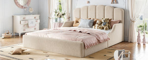 English Elm Queen Scalloped Headboard Plush Upholstered Floor Bed Soft Frame for Kids Teens Beige Teddy W5305S00196