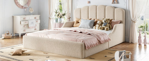 English Elm Queen Scalloped Headboard Plush Upholstered Floor Bed Soft Frame for Kids Teens Beige Teddy W5305S00196