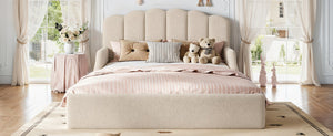 English Elm Queen Scalloped Headboard Plush Upholstered Floor Bed Soft Frame for Kids Teens Beige Teddy W5305S00196