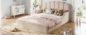 English Elm Queen Scalloped Headboard Plush Upholstered Floor Bed Soft Frame for Kids Teens Beige Teddy W5305S00196