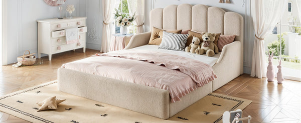 English Elm Queen Scalloped Headboard Plush Upholstered Floor Bed Soft Frame for Kids Teens Beige Teddy W5305S00196