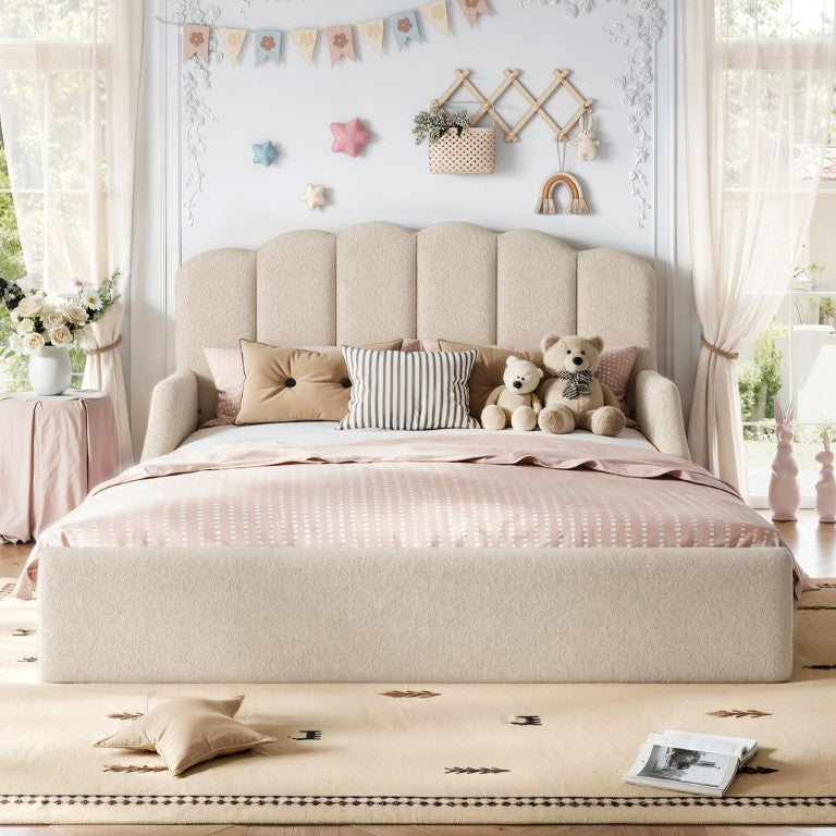 English Elm Queen Scalloped Headboard Plush Upholstered Floor Bed Soft Frame for Kids Teens Beige Teddy W5305S00196