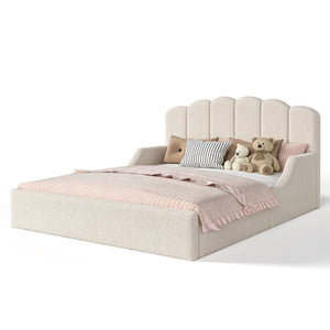 English Elm Queen Scalloped Headboard Plush Upholstered Floor Bed Soft Frame for Kids Teens Beige Teddy W5305S00196