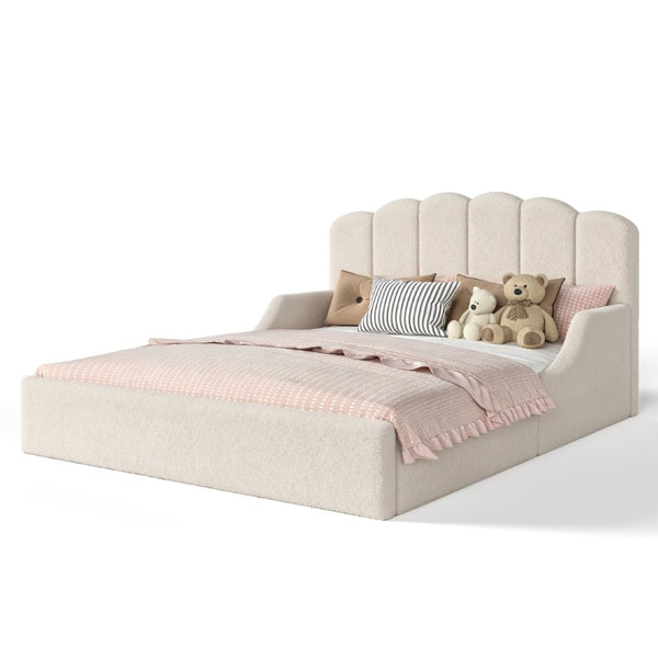 English Elm Queen Scalloped Headboard Plush Upholstered Floor Bed Soft Frame for Kids Teens Beige Teddy W5305S00196