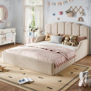 English Elm Queen Scalloped Headboard Plush Upholstered Floor Bed Soft Frame for Kids Teens Beige Teddy W5305S00196
