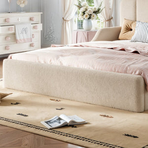 English Elm Queen Scalloped Headboard Plush Upholstered Floor Bed Soft Frame for Kids Teens Beige Teddy W5305S00196