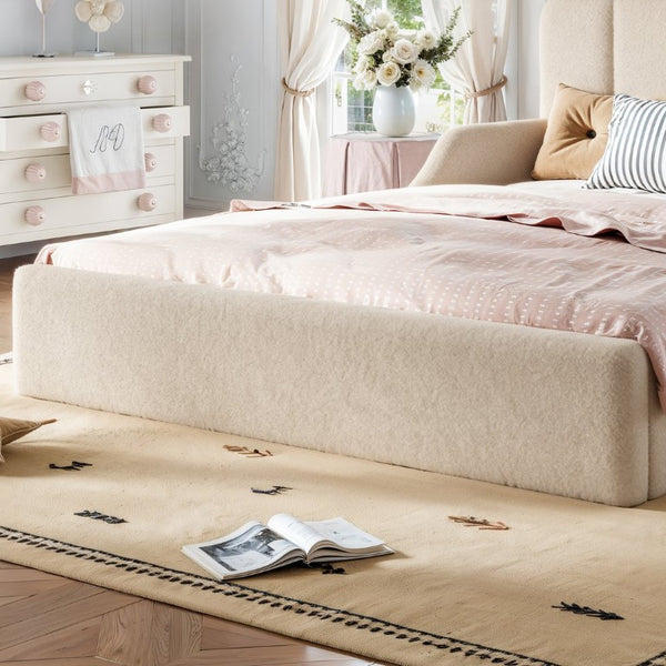 English Elm Queen Scalloped Headboard Plush Upholstered Floor Bed Soft Frame for Kids Teens Beige Teddy W5305S00196