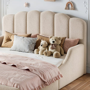 English Elm Queen Scalloped Headboard Plush Upholstered Floor Bed Soft Frame for Kids Teens Beige Teddy W5305S00196