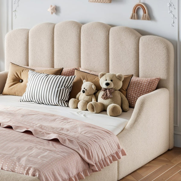 English Elm Queen Scalloped Headboard Plush Upholstered Floor Bed Soft Frame for Kids Teens Beige Teddy W5305S00196