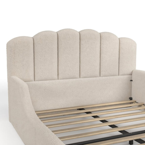 English Elm Queen Scalloped Headboard Plush Upholstered Floor Bed Soft Frame for Kids Teens Beige Teddy W5305S00196
